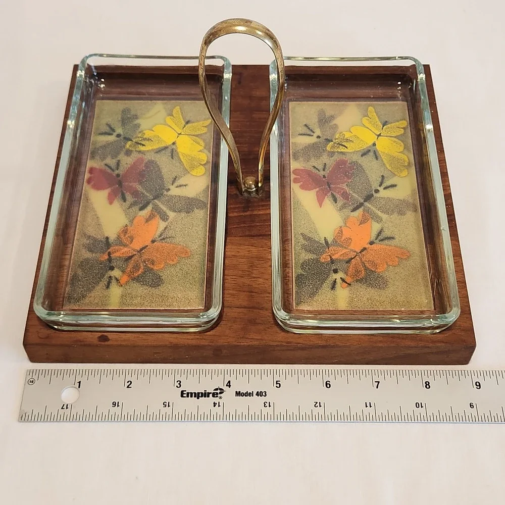 Ernest Sohn Vintage MCM Doubke Relish Serving Tray‎ Butterflies Wood Glass